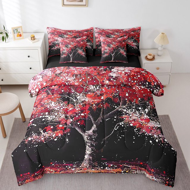 Erosebridal Red Cherry Blossoms Bedding Twin Comforter Set, Tree Botanical Down Comforter, Japanese Style Decor, Reversible