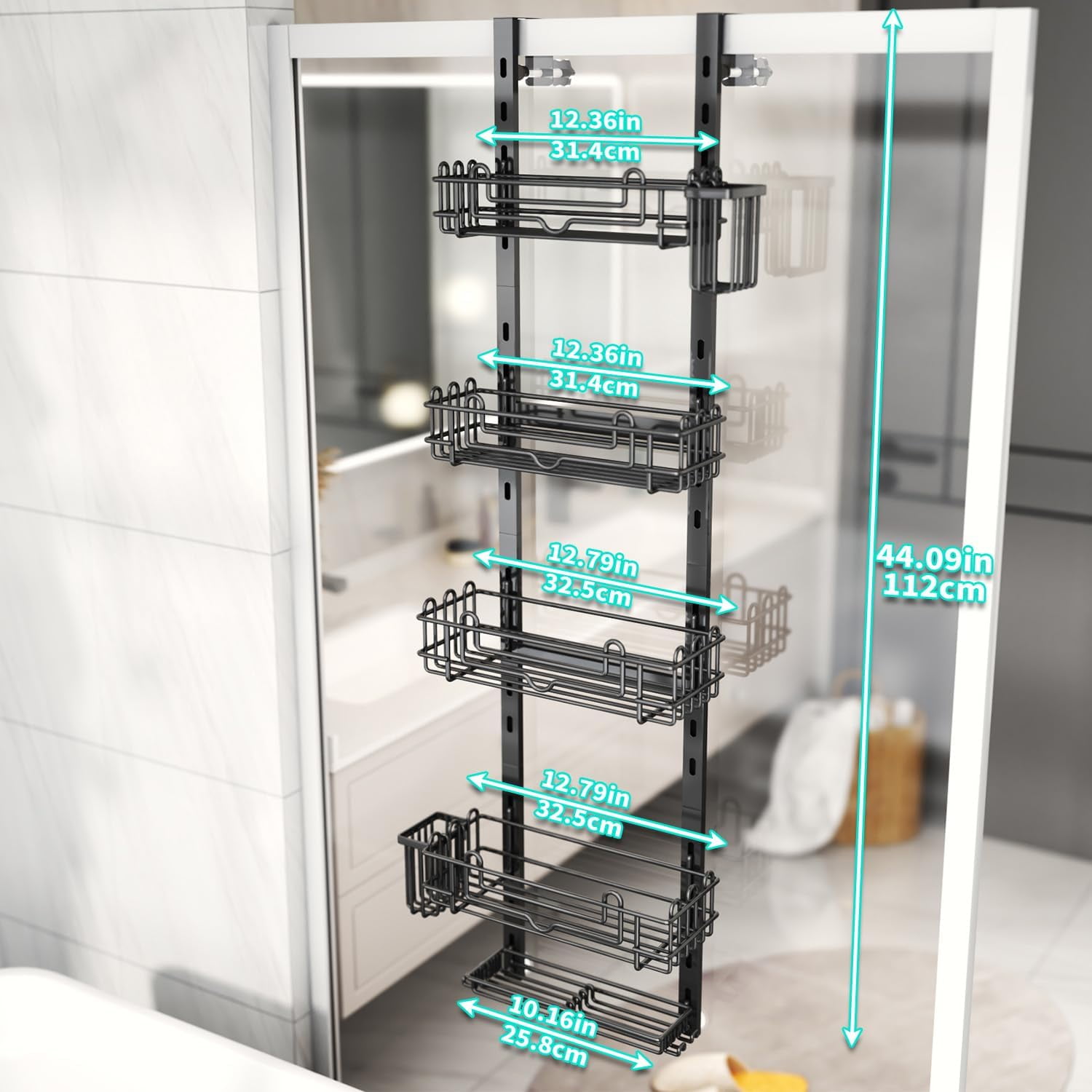 5 Tier Over the Door Shower Caddy, Hanging Shower Caddy with 28 Hooks and 2 Toothbrush Holders, No Drilling Adjustable Hanging Bathroom Organizer - Black