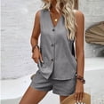 thumbnail image 6 of Womens 2 Piece Outfits Solid Color Cotton Linen Loungewear Set Round Neck Sleeveless Tops And Shorts Sets Casual Lightweight Summer Tracksuit Lounge Shorts Suit Gray L, 6 of 7