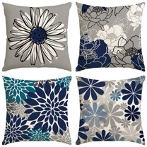 Set of 4 Decorative Throw Pillow Covers 18x18 Blue and Grey Modern Daisy Floral Pillow Covers for Living Room Farmhouse,Modern Simple Boho Cushion Bed Outdoor Home Decor