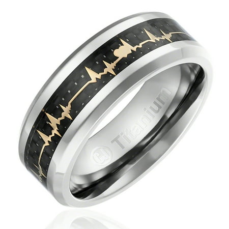 - Mens Wedding Band in Titanium 8MM Ring with Yellow Gold-Plated Heart Beat over Carbon Fiber Inlay