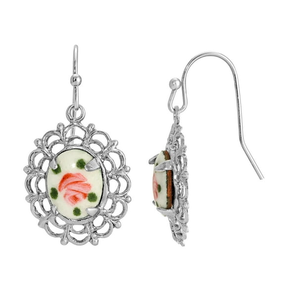 1928 Jewelry Oval Filigree Pink Flower Stone Drop Earrings