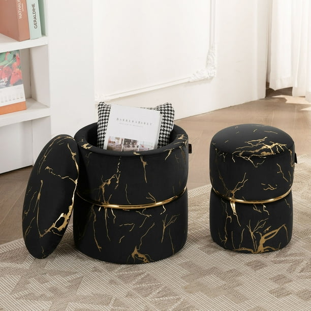 Round Velvet Storage Ottoman Vanity Stool Chair Upholstered Foot Rest Stool Black,Pack of 2