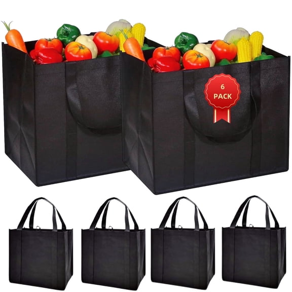 Cirayno 6 Pack Reusable Grocery Bags with Reinforced Handles, Foldable Shopping Bags Heavy Duty Grocery Tote Bags for Shopping, Groceries, Picnic, Clothes, Black
