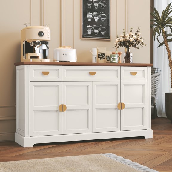 CBJCBJ Modern 60" Large Sideboard Storage Cabinet with Drawers, Farmhouse Wooden Coffee Bar, White