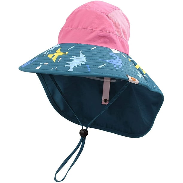 Kids Neck Protection Sun Hat Wide Brim Fishman Adjustable Hat UPF 50+  Summer Hat For Toddler (Green Brim+Pink, 52-54cm) 
