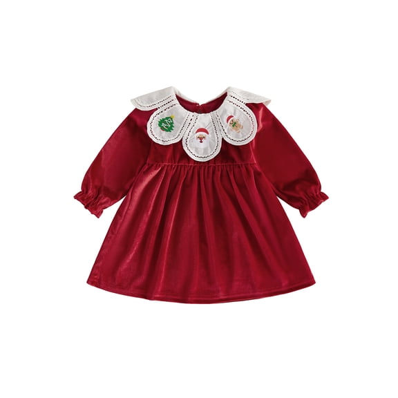 RUINIXCW Baby Girl Christmas Velvet Dress Embroidered Petal Collar Long Sleeve Dress