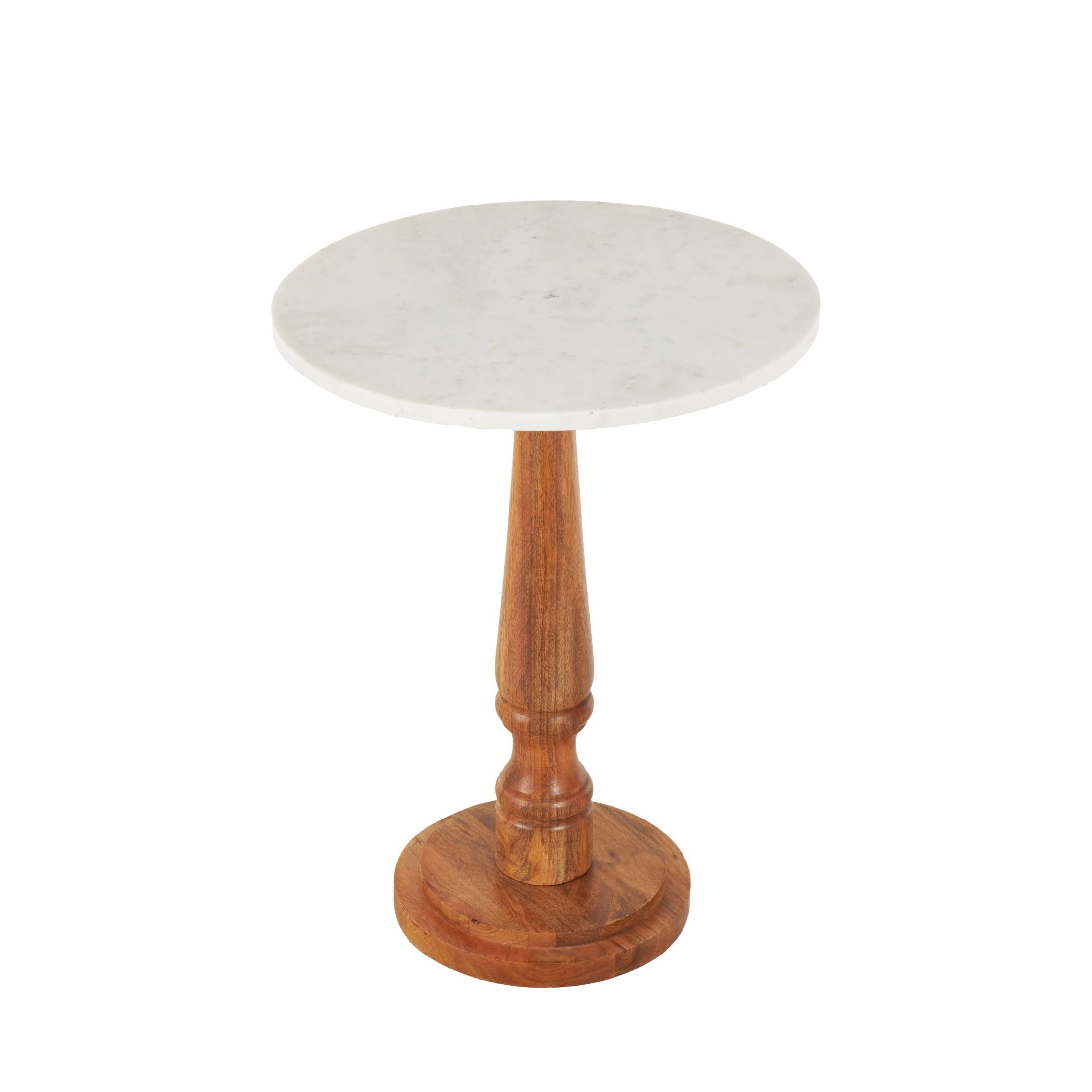 DecMode 18" x 23" Brown Mango Wood Turned Accent Table with White Marble Tabletop, 1-Piece