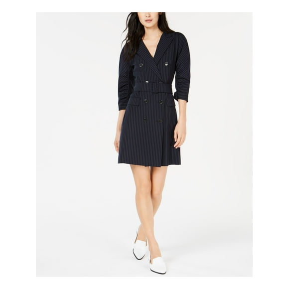 MARELLA Womens Navy Belted Pinstripe 3/4 Sleeve V Neck Above The Knee Shirt Dress 12