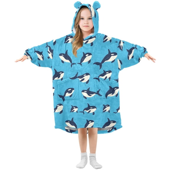 Orca Blue Pattern Wearable Blanket Hoodie Oversized Flannel Soft Warm Cozy 3-14 Age Small