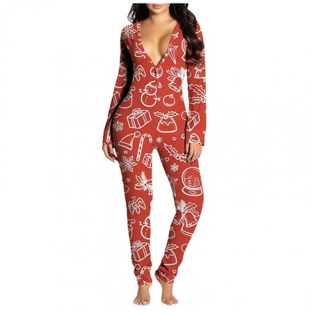 

Honeeladyy Clearance under 10$ Womens Butt Flap Pajamas Onesie Bodycon Deep V Neck Bodysuit Long Sleev Christmas Pajamas Jumpsuit Rompers