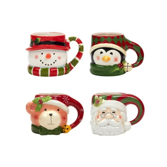 Certified International Set of 4 Santa, Snowman, Teddy Bear, and Penguin Ceramic Christmas Mugs 5.5"