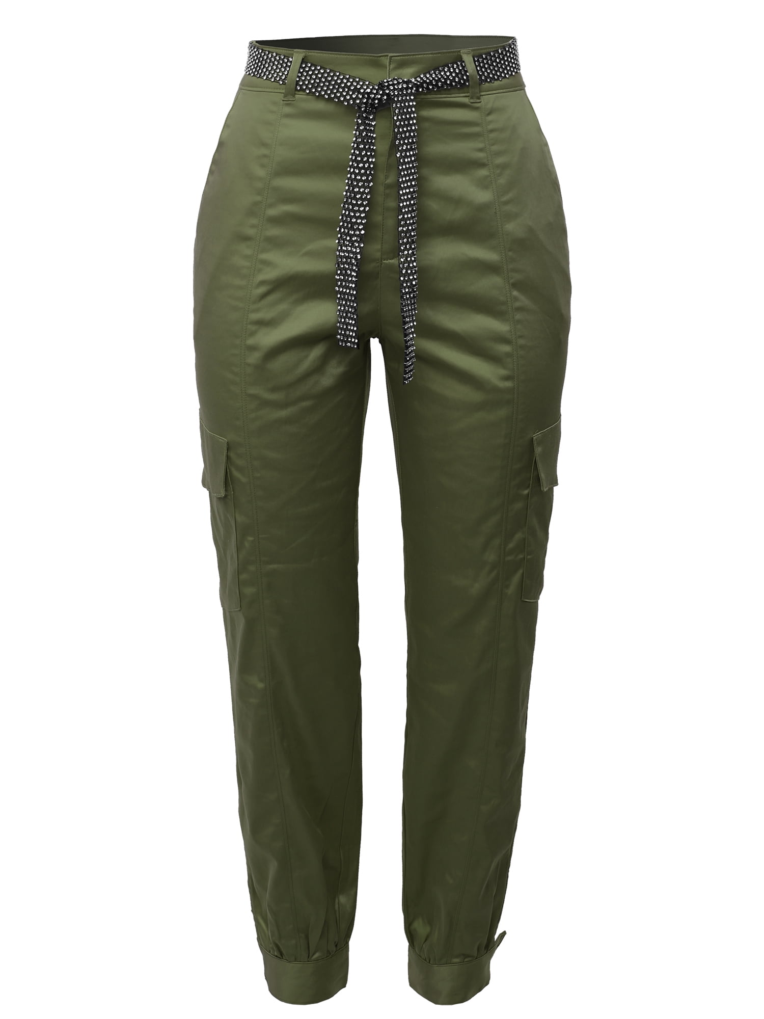 A2y Women S Cotton Satin Rhinestone Belt Side Pocket High Rise Cargo Pants Olive M