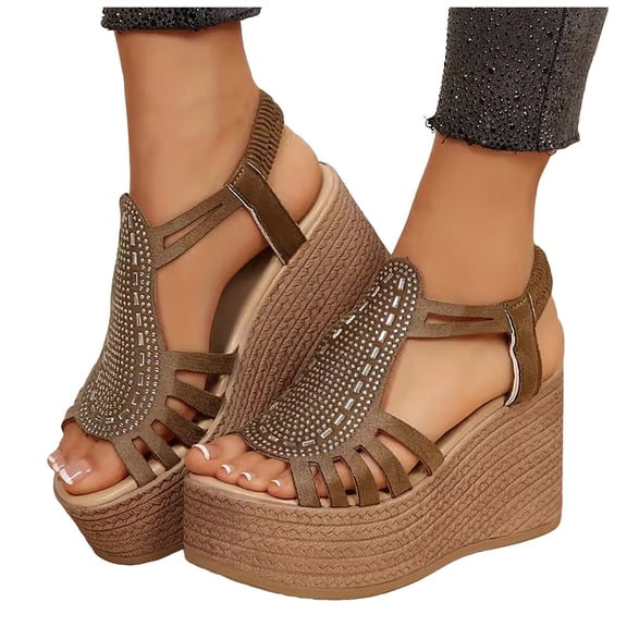 Wedges Heels for Women Open Toe Platform Fisherman Gladiator Sandals Glitter Rhinestone Elastic Ankle Strap Pumps Shoes Khaki Size 7.5