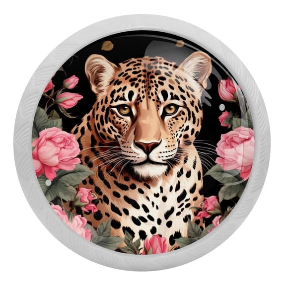 4 Pcs Leopard in Rose Flower Crystal Glass Drawer Knob Pull Handle Ergonomic 30mm Glow in The Dark Furniture Cabinet Handle for Kitchen Dresser Cupboard Wardrobe