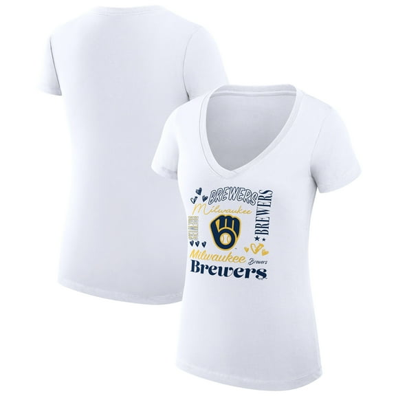 Women's G-III 4Her by Carl Banks White Milwaukee Brewers Super-Slim Fit Lightweight Collage Team Graphic V-Neck T-Shirt