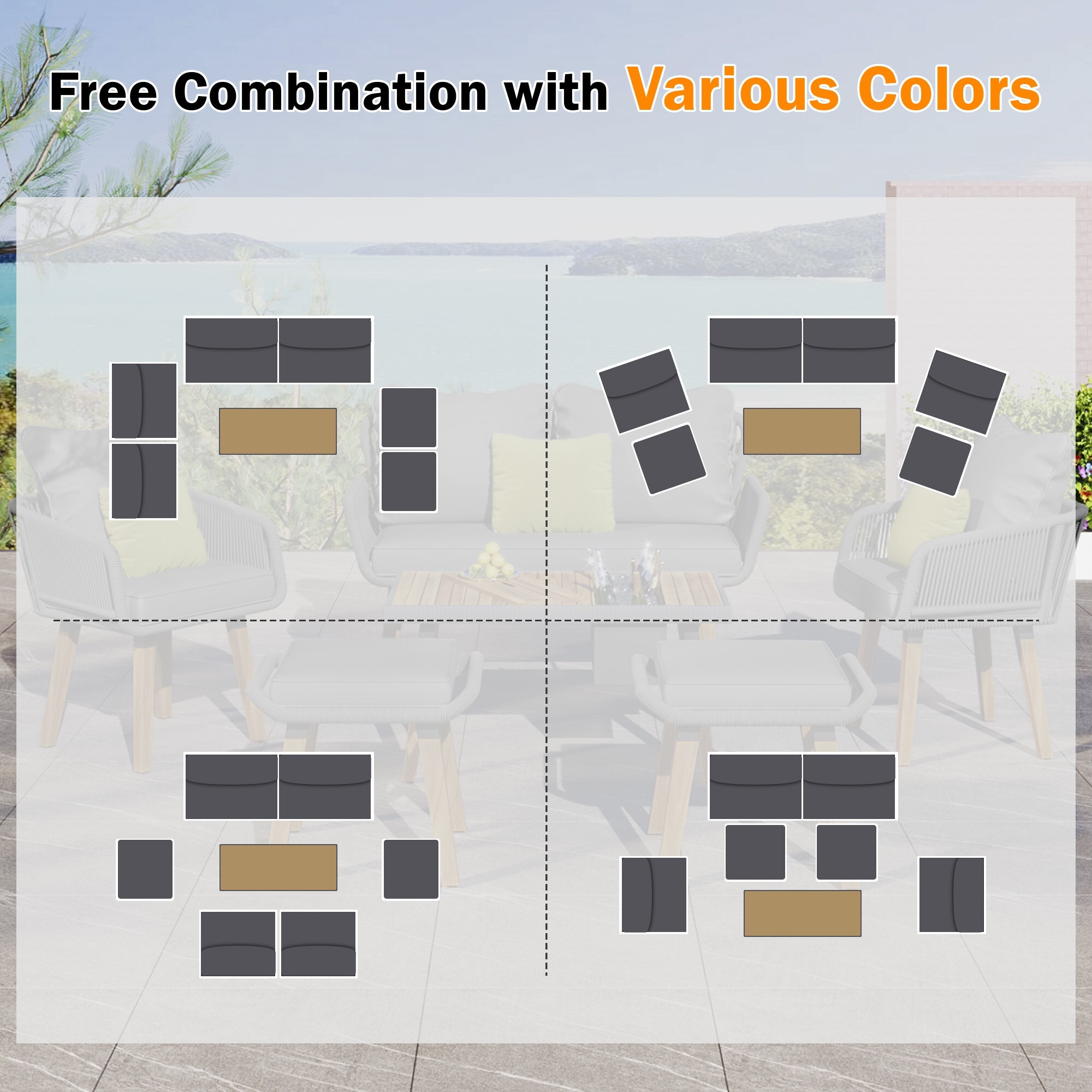AENKYO 6-Piece Outdoor Patio Furniture Set, Patio Conversation Set with Cushioned Rope Woven Chairs, Cool Bar Coffee Table with Ice Bucket, Dark Gray