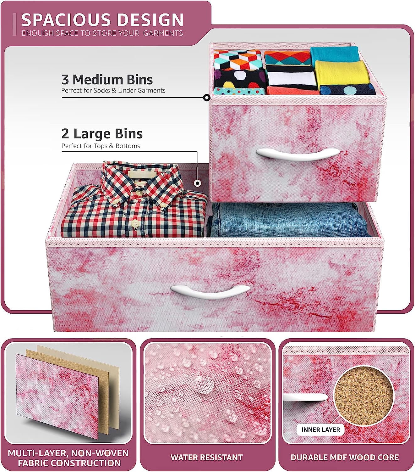 Sorbus 5-Drawer Dresser Storage Chest, Steel Frame, Wood Top, Fabric Bins, Tie-Dye Pink