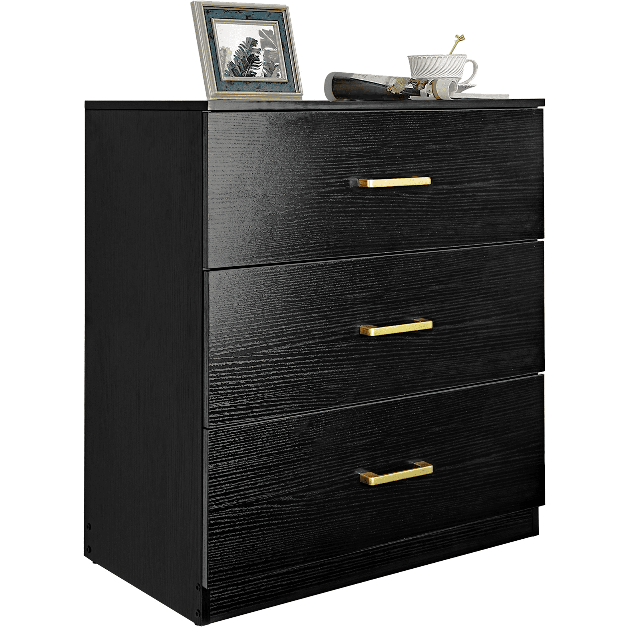 UHOMEPRO Nightstand, Modern 3 Drawer Nightstand, Black Nightstand with Gold Handle, Wooden Side Table Storage Cabinet Unit for Bedroom/Living Room/Small Space