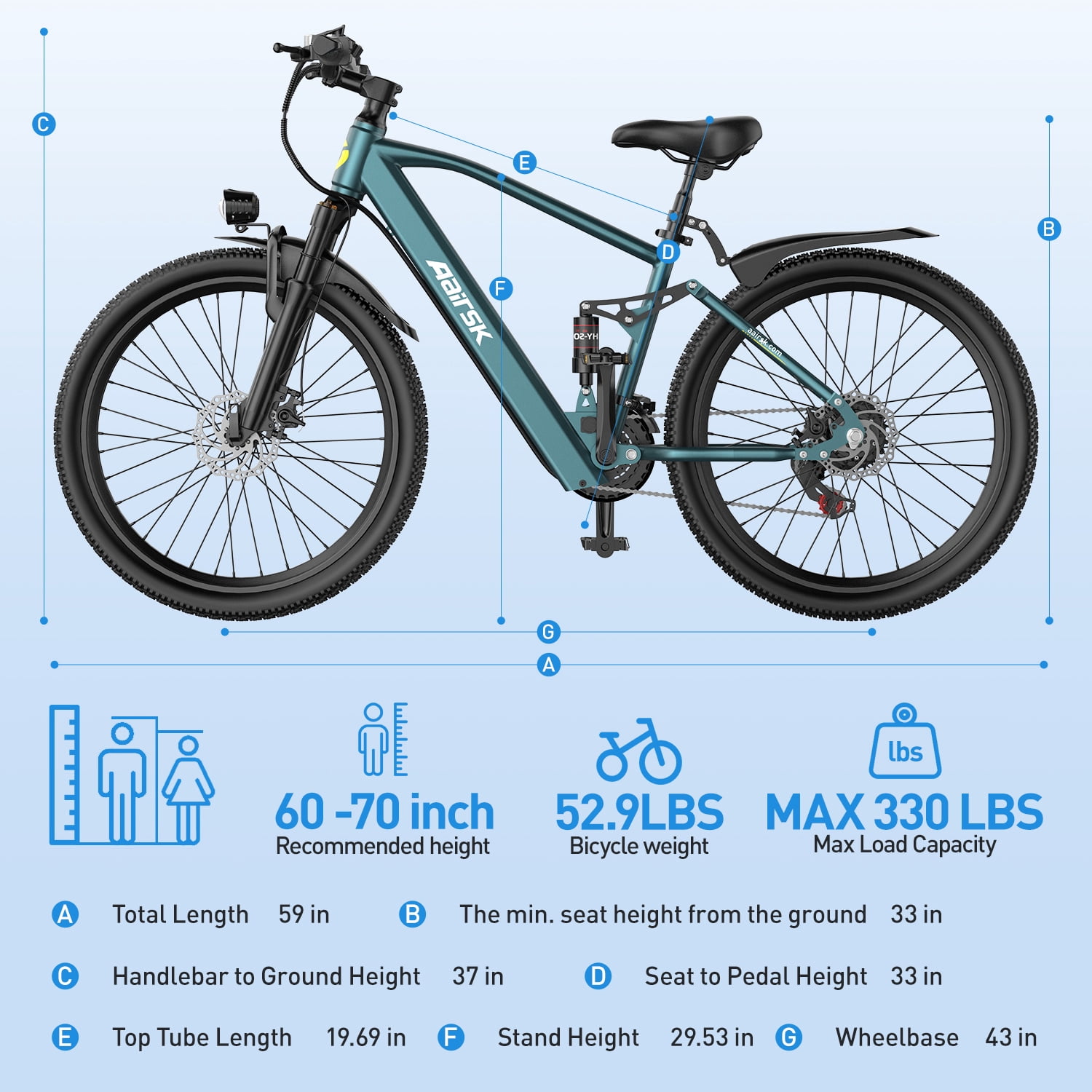 748W Peak Motor Aairsk GT900 Electric Bike for Adults,36V 13Ah Battery, 24" Tires, 21-Speed, Dual Suspension, 22MPH Ebike