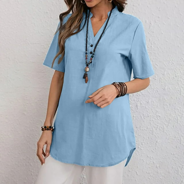 Summer Savings Deals Cagogo Women's Short Sleeve Plus Size Tops Summer Clearance Under $10 Plus Size Solid Color Basic Blouses V Neck Button Down Trendy Spring Clothes Mother Day Gifts