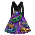 thumbnail image 3 of Fgvctg Mardi Gras Dresses Tea Party for Women Pretty Long Sleeve Cocktail Dress Plus Size Retro 1950s Tea Dress Carnival Parade Glitter Mask Print Outfit Flowy V Neck Clothes Dark Green M, 3 of 4