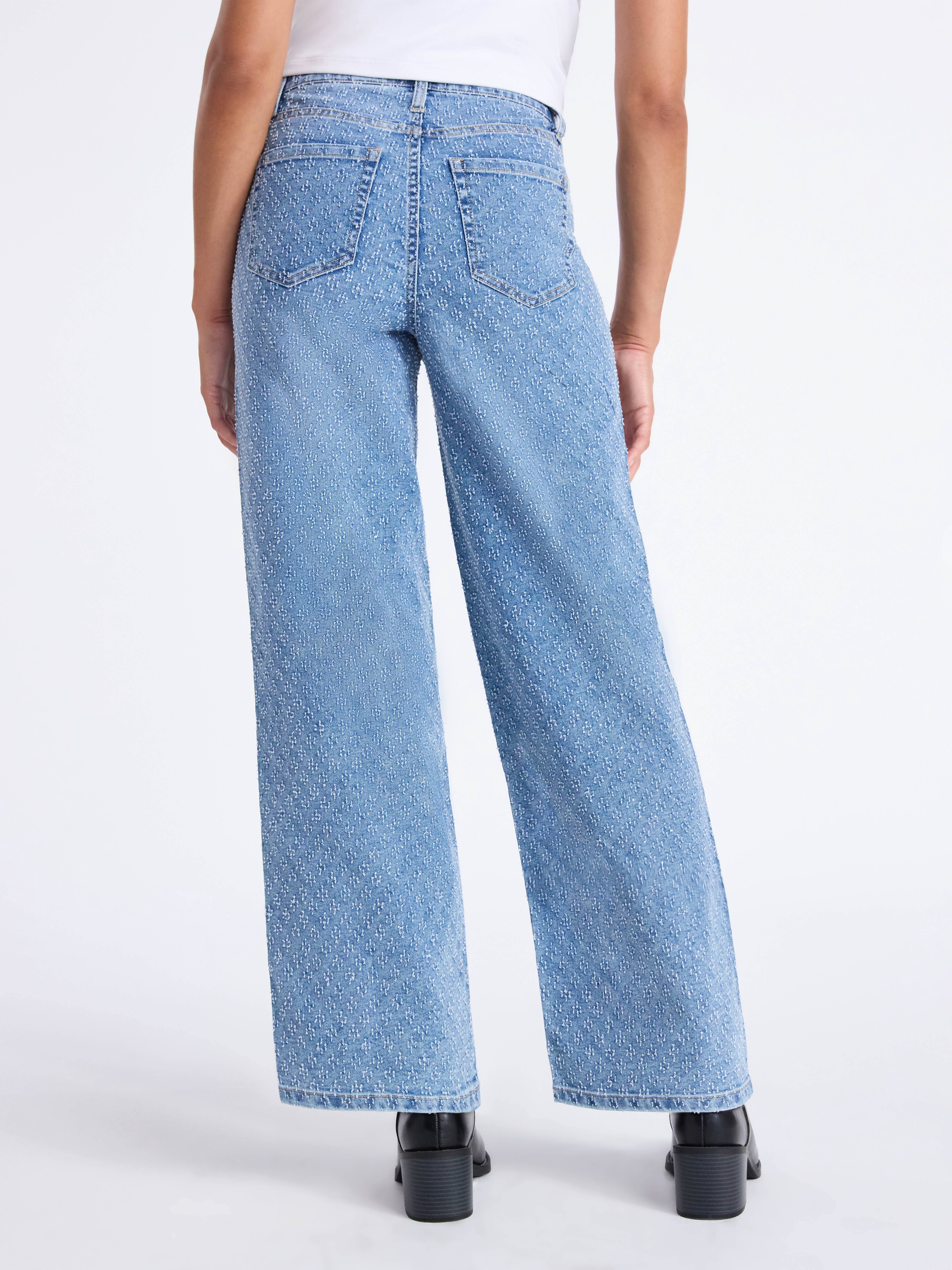 Time and Tru Women's High Rise Rhinestone Embroidered Wide Leg Jeans, Sizes 0-23