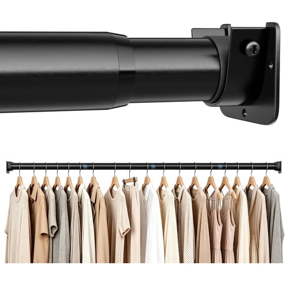 Heavy Duty Black Closet Rod: 17-84 Inch Stepless Adjustable Clothes Hanging Bar, 1.3" Diameter Metal Wardrobe Pole with Brackets, No-Cut, for Laundry & RV