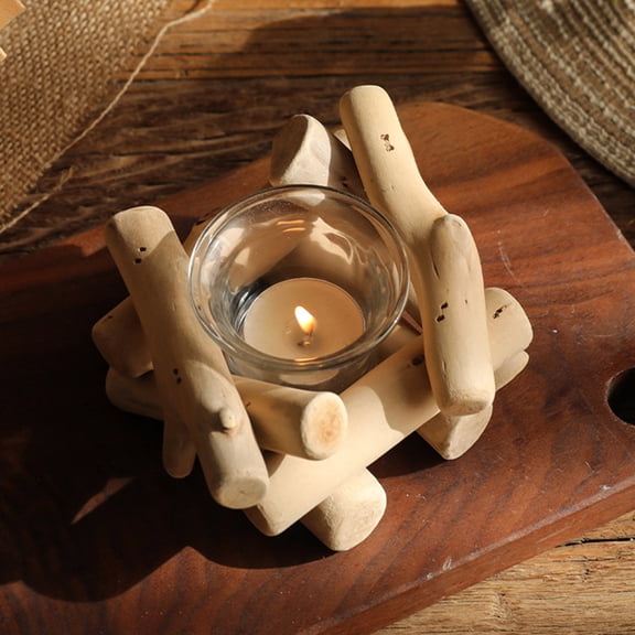 Cadancy Driftwood Candle Holder, Rustic Wooden Tealight Stand with Glass Cup, Natural Branch Centerpiece, Coastal Home Decor for Table Mantel Shelf, Beach Theme Wedding Decoration