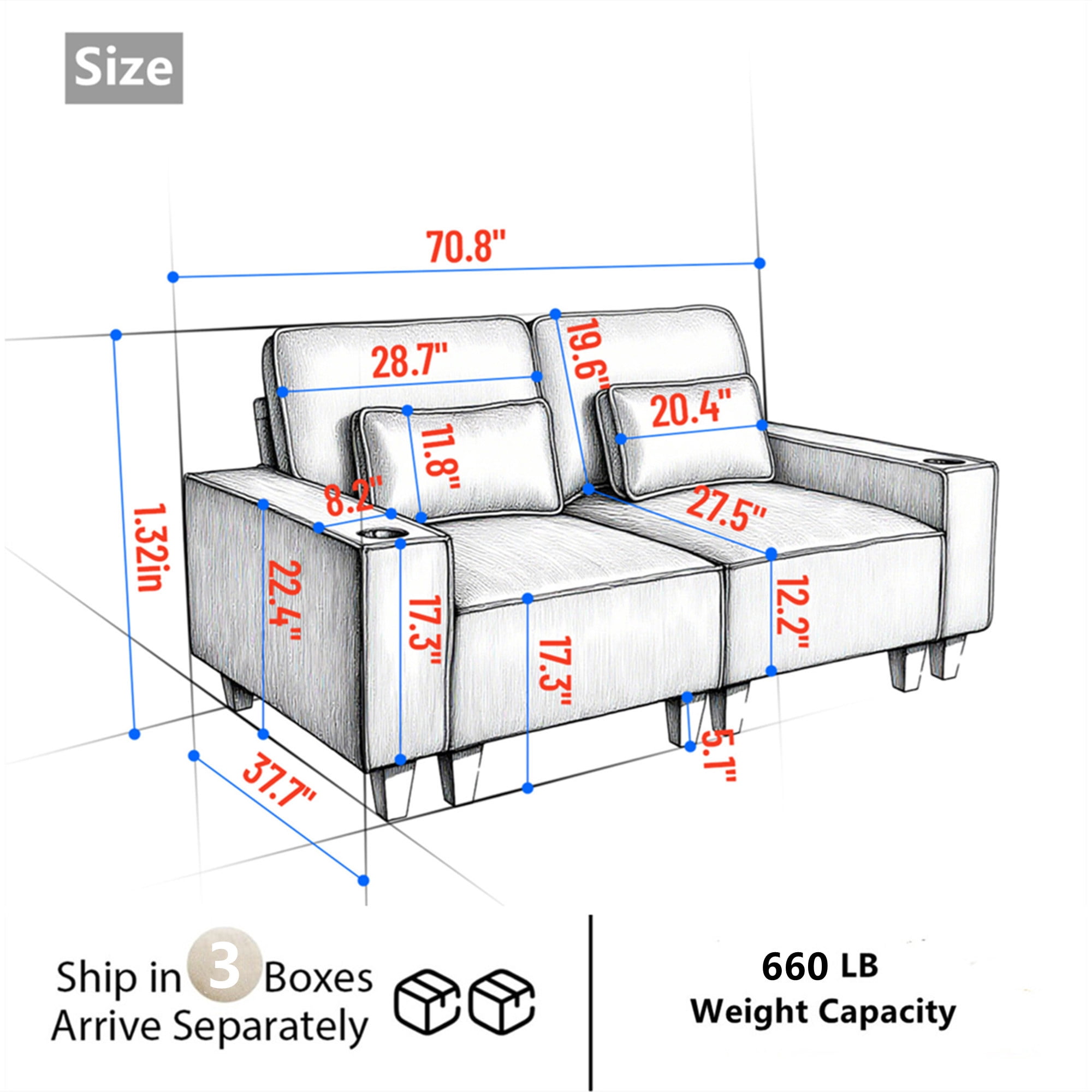 Aukfa 3 Piece Sofa Set - 71" Deep Seat Couch Loveseat Couch with Cup Holders&Pillows, Chenille, Khaki