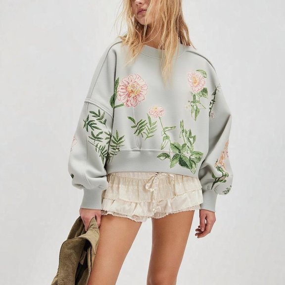 Cute Sweatshirts for Womens Y2K Preppy Graphic Crewneck Long Sleeve Sweatshirt Fall Cropped Oversized Trendy Soft Floral Print Sweatshirt for Women Daily Travel Office Outfits, Light Blue L