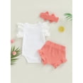 thumbnail image 4 of Infant Girls Letters Print Fly Sleeves Romper, Solid Color Ribbed Shorts and Headband, 4 of 8