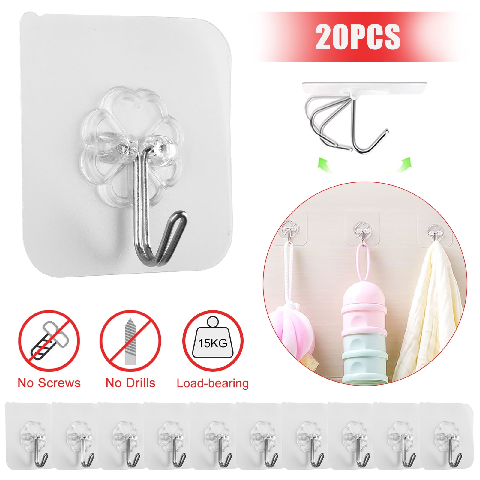 EEEkit 20Pcs Self Adhesive Hooks, Heavy Duty 33lbs Transparent Seamless ...