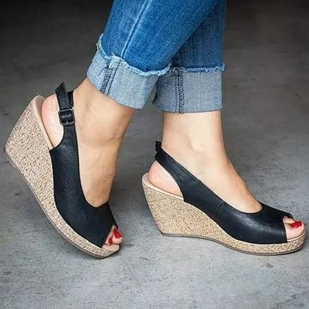 

LIANGP Women s Sandals Fish Mouth Back Hollow Shallow Straw Wedge Heel Foreign Trade Low Top PU Fashion Sandals Women s Shoes Black Size 7.5