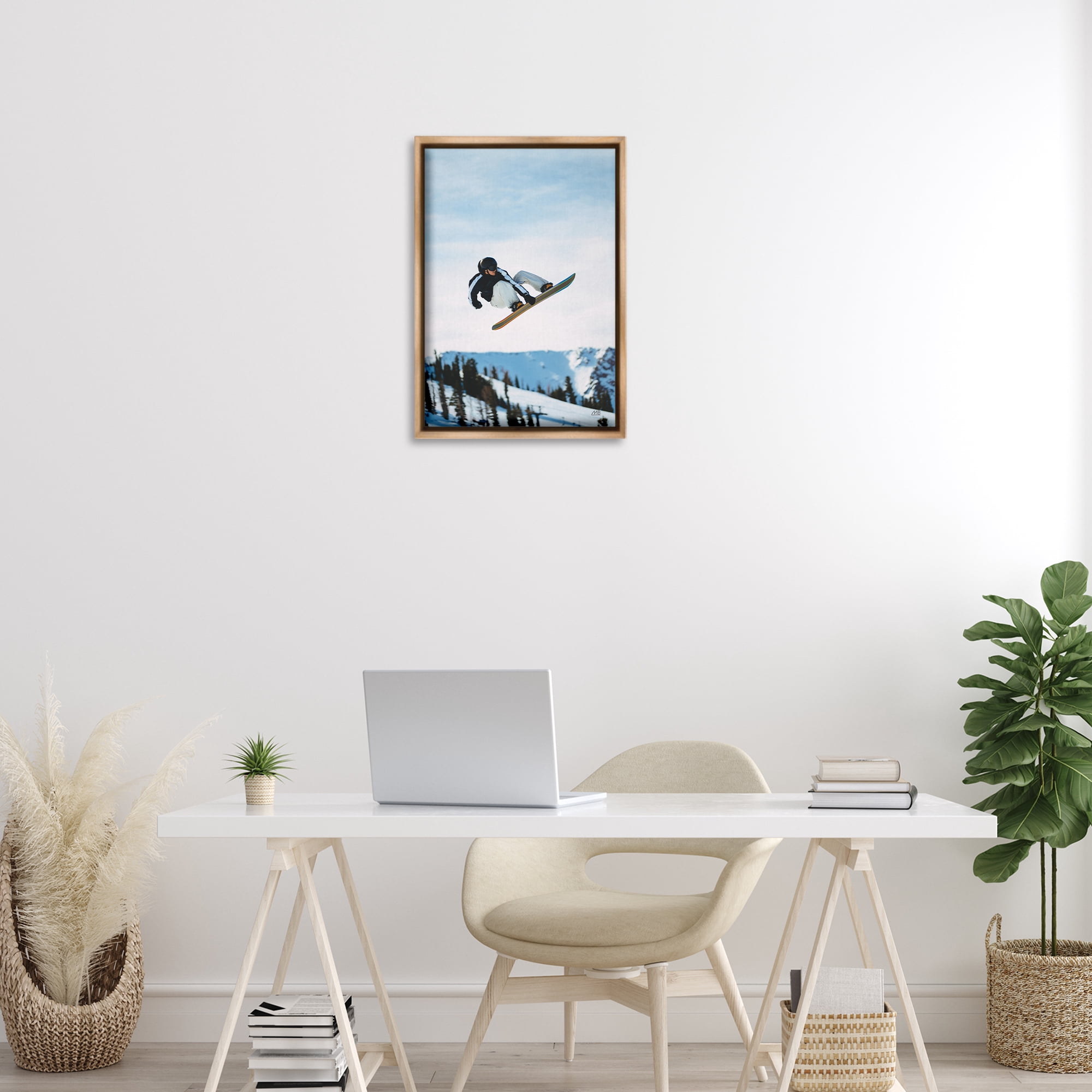 Stupell Industries Snowboarder Air Tricks Sports Photography Brown Floater Framed Canvas Art Print Wall Art, 17 x 25