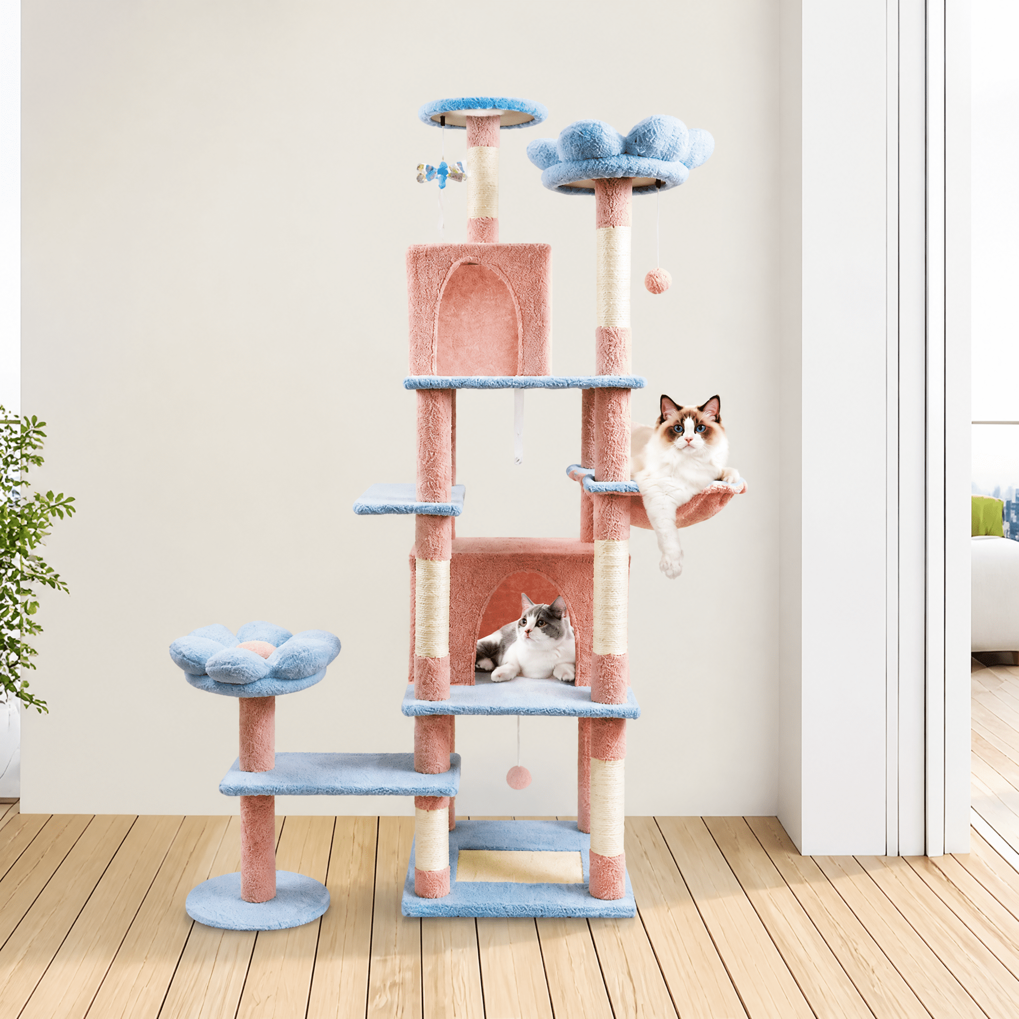 71 Inch Blue Floral Cat Tree, 7-Tier Large Cat Tower with Spacious Condo, Removable Flower Cushion & Hammock, Natural Sisal Scratching Posts for Large & Multi-Cat Homes