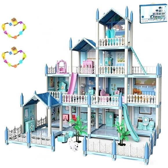 Casa de Muñecas Blue Princess Castle y Muebles, Gran Casa de Muñecas azul de Cuatro Plantas Con 11 Habitaciones y 3 Balcones con Escaleras y Toboganes.(3 años -12 años)