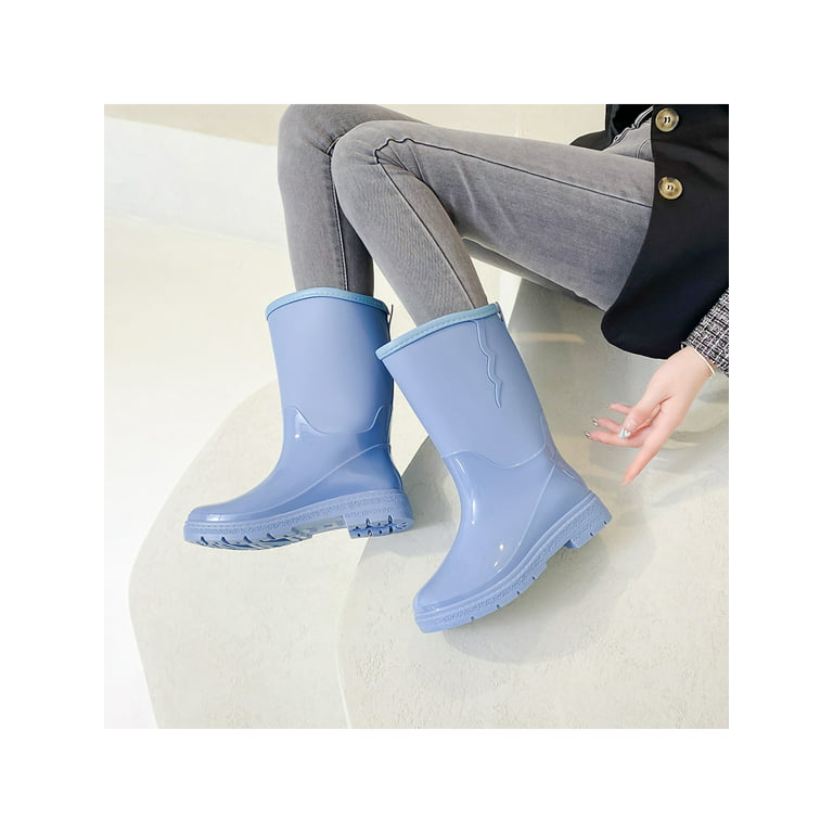 Rotosw Women's Rain Boots Wide-Calf Garden Shoes Lightweight Rubber Boot Round Toe Slip Resistant Waterproof Booties Work Pull on Mid Calf Bootie Blue