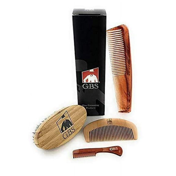 G.B.S Soft Teeth Comb Set, Wooden Boar Bristle Brush, Travel-Friendly, Professional Beard Dressing - Pack Of 4