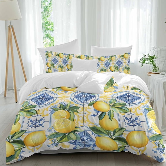 Duvet Cover Twin Size 3 Piece Bedding Set, Summer Farmhouse Lemon Fruit Leaf Soft Breathable Comforter Cover with 2 Pillow Shams, Retro Blue Yellow Painting Luxury Duvet Covers with Zipper Closure