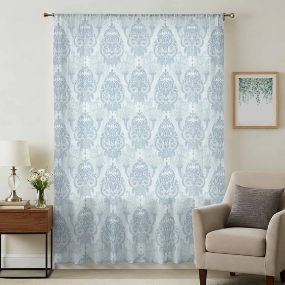 Blue Ethnic Sheer Curtains 84 Inches Long, Vintage Country Medallion Printed Flower Light Filering Curtains, Breathable Simi Curtain Privacy Drapes for Living Room Bedroom Window Treatment