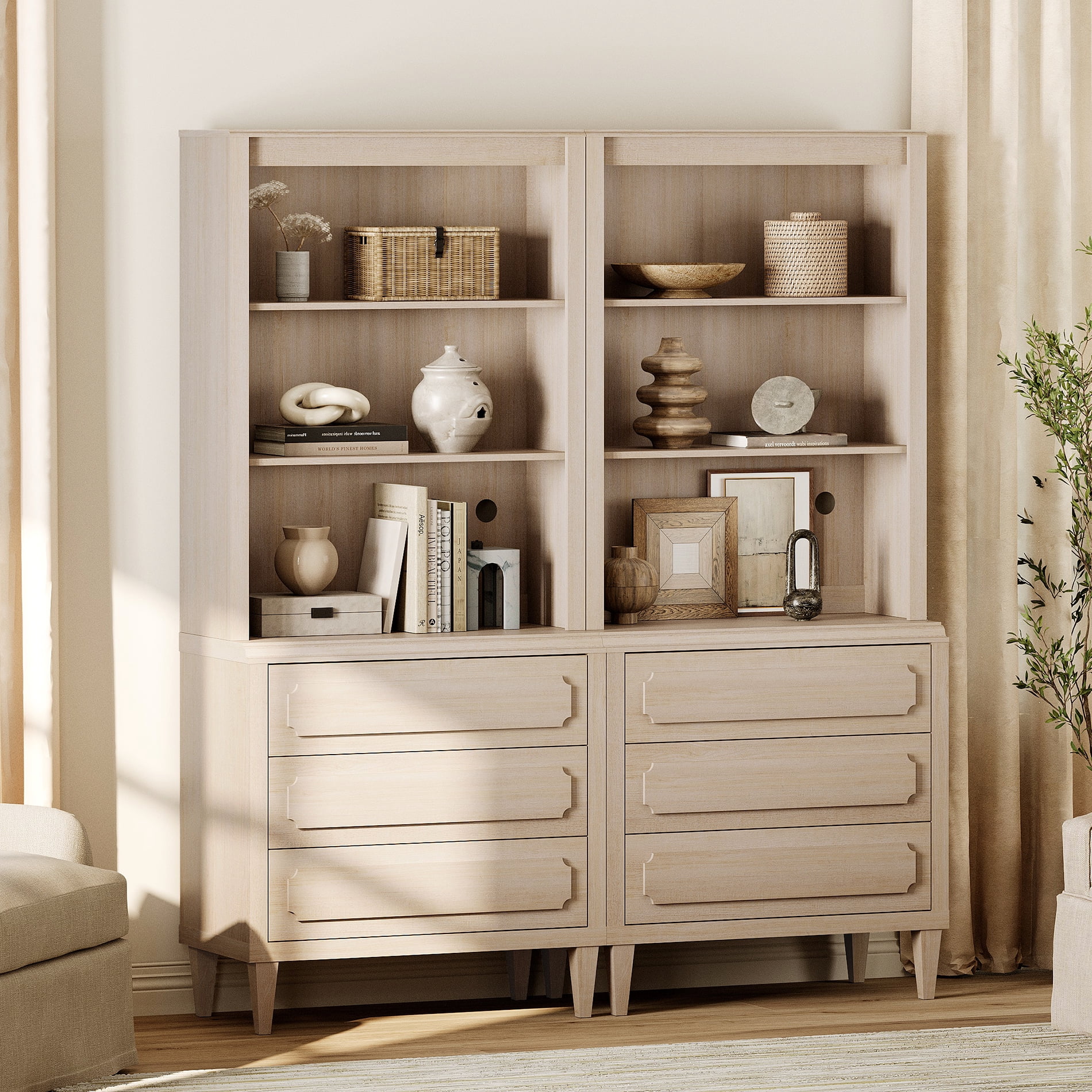 Tall Bookshelf with Drawers, 72.8 Inch Vintage Wood Bookcase with Storage, 2 PCS
