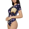 thumbnail image 2 of KLL Women 's Crew Neck Bodysuit Jumpsuits Lavender Flowers Print Short onesies Stretch T Shirts, 2 of 7