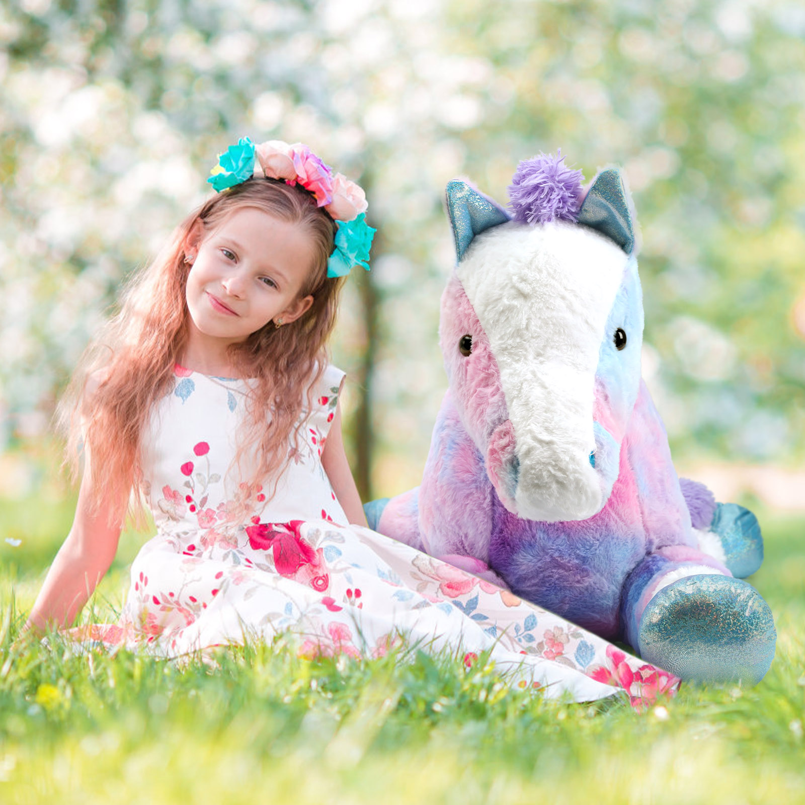 Tezituor 47.5" Giant Horse Stuffed Animals Large Horse Plush Pillow with Tie-Dye Body Plush Toy