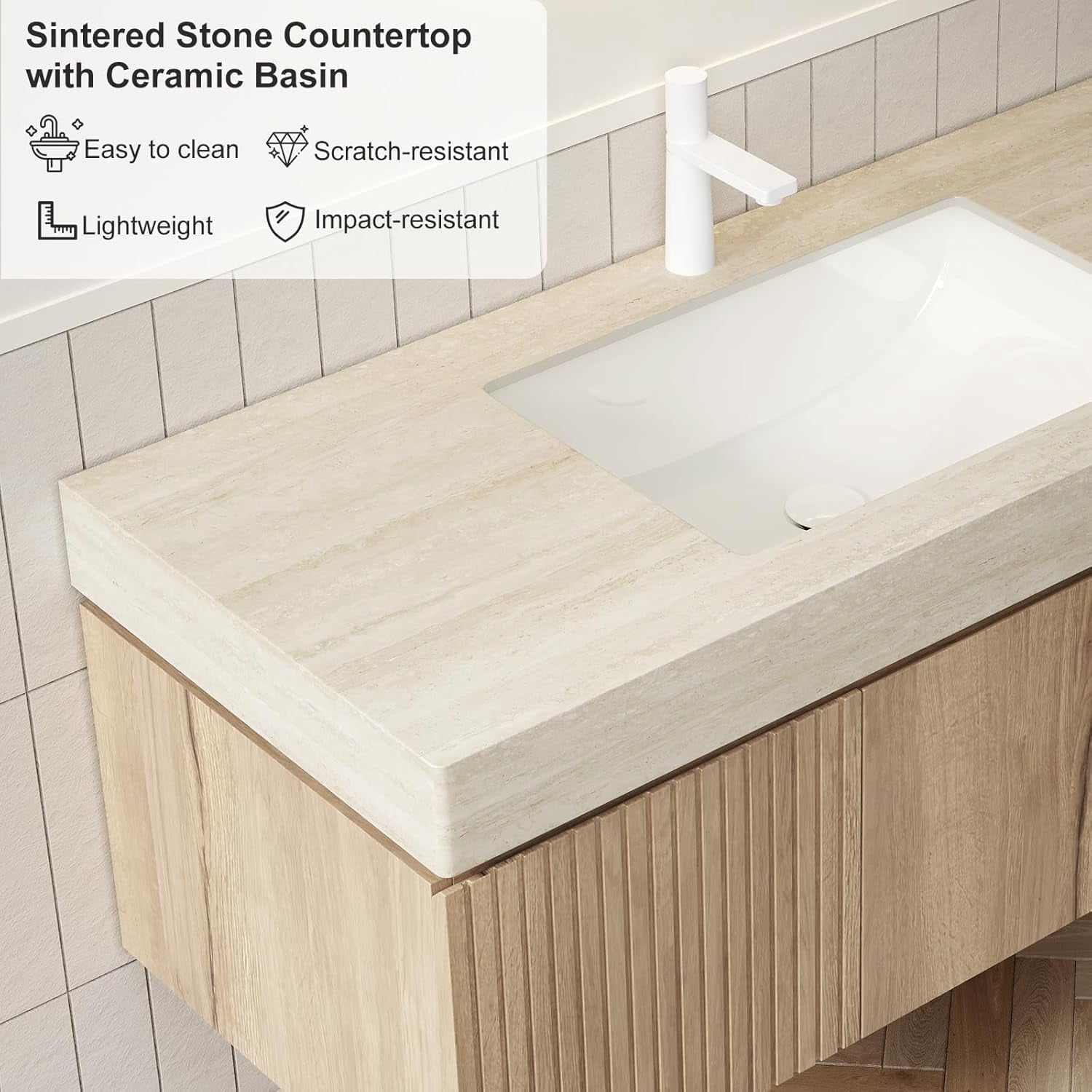 36" Bathroom Vanity with Sink, Wall Mounted with Drawer and Door, Roma Travertine-Pattern Countertop and Ceramic Basin, Pre-Assembled Cabinet
