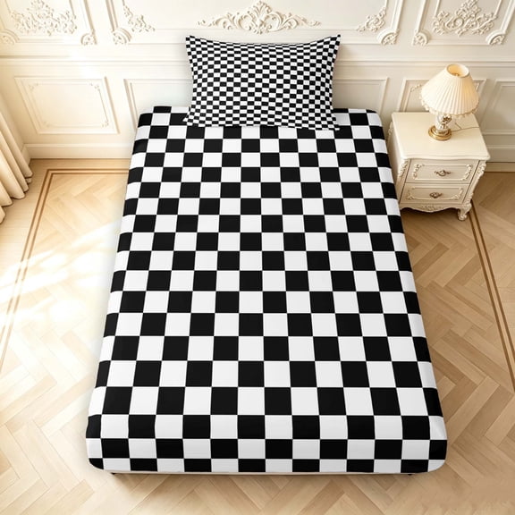 Manfei Vintage Grid Twin Fitted Sheet,Modern Checkered Bedding,Black White,2 Pieces,1 Fitted Sheet and 1 Pillowcase