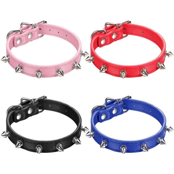 4 Pieces Spiked Studded Cat Collar Artificial Leather Pet Collars Adjustable Studded Cat Collar with Spikes for Small Dogs Puppy (Black, Blue, Red, Pink)
