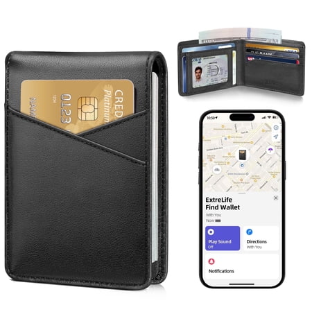 Extrelife Minimalist Wallets for Men, Works with Find My App, Slim Leather Bifold Wallet Credit Card Holder with Cash Pocket, ID Window, RFID Blocking, Gifts for Men
