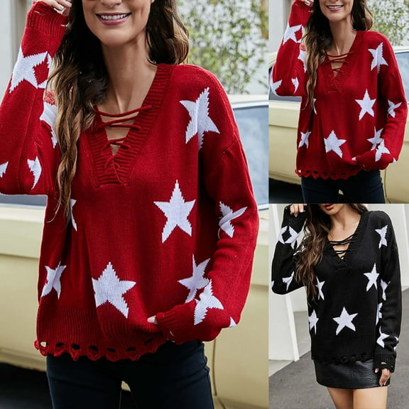 Lovskoo Sweaters for Women Trendy Long Sleeve V-Neck Loose Pullover Tops Blouse Knitted Sweater Black