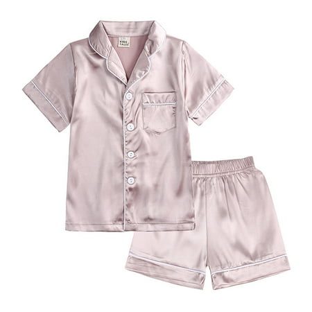 

Boys Girls Satin Pajamas Set Silk Pajamas Short Sleeve for Kids 2 Piece Nightwear Button-Down Classic Sleepwear for Toddler 4-5Y Champagne